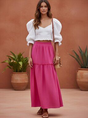 ELF Annabelle Linen Maxi Skirt Pockets Pink S EUC